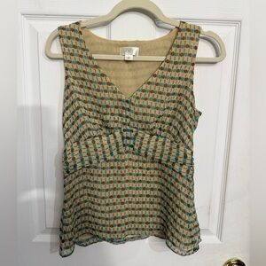 LOFT Teal and Beige Geometric V-Neck Sleeveless Top